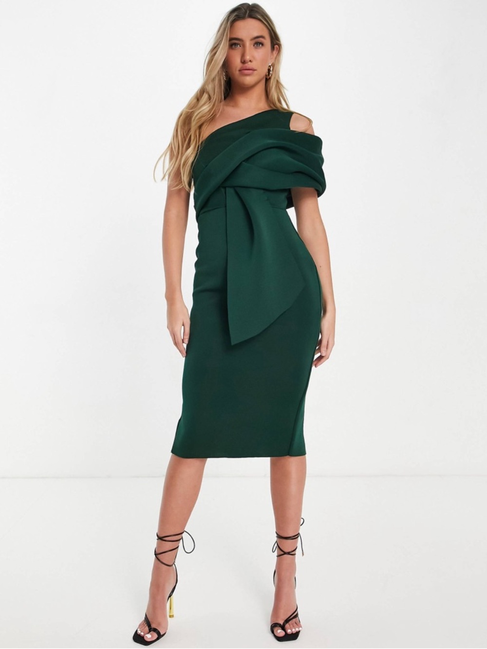 ASOS Dark Emerald One-Shoulder Draped Stretch bandage Midi Dress